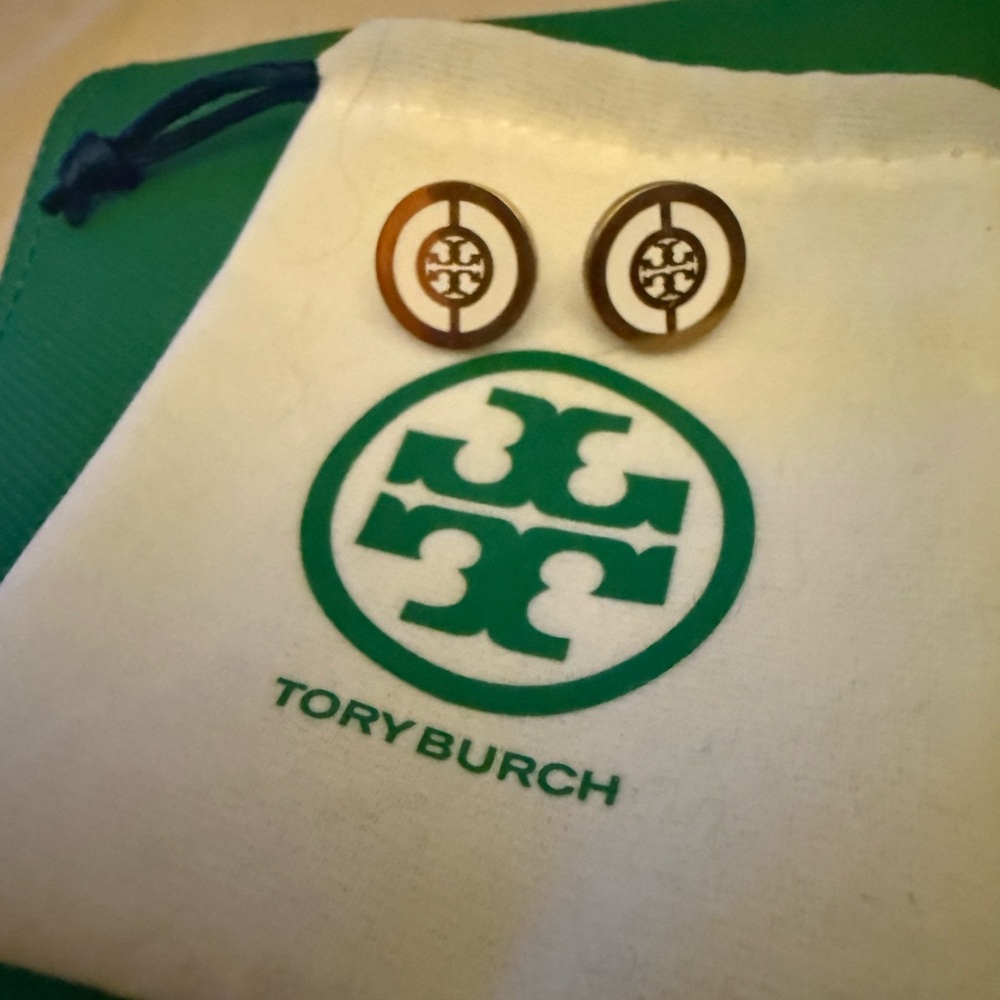 Tory Burch Gold and White Stud Earrings